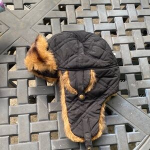 Black Quilted Trapper Hat with Faux Fur Trim